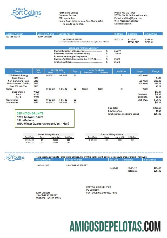 Em branco modelo de conta de serviços públicos dos EUA Colorado Fort Collins em formato Word e PDF